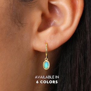 Blue Fire Opal Charm Hoop Dangle Earrings • Opal hoops • gold hoop earrings • delicate opal earrings • minimalist hoops