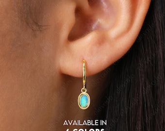 Blue Fire Opal Gold Hoop Earrings • Sterling Silver Dangle