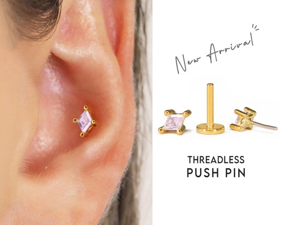 20g/18g/16g Threadless Gold Push Pin Labret Stud * Solid 925 Sterling Silver * Tragus Stud * Flat Back Earring * Helix * Conch