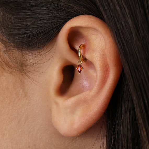 Garnet Dangle Rook Hoop Earring • 18k Gold Plated, Sterling Silver