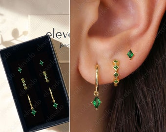 Emerald Everyday Earring Gift Set • Emerald hoop earrings • Emerald studs • gift for her • minimalist jewelry • gift set