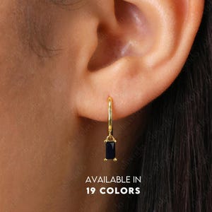 Black Baguette Hoop Dangle Earrings • charm hoops • gold hoop earrings • delicate emerald earrings • minimalist hoops • tiny black charm