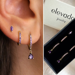 Amethyst Teardrop Hoop Earring Set • gift for her • amethyst hoops • minimalist dainty earrings • valentines day gift • personalized jewelry