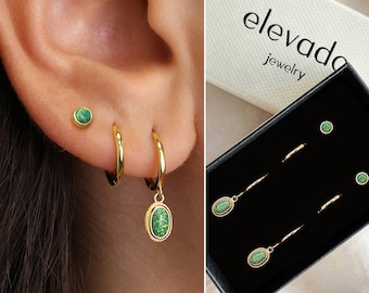 Majestic Green Fire Opal Charm Huggie Hoop Gift Set • Dainty Earrings • earring set • gift ready • gift for her • gift for mom • gift set