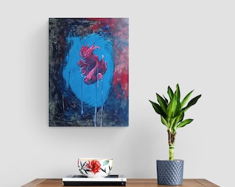 Pintura de pez Betta, pez luchador, pez Betta, decoración de acuarios, pinturas originales, arte pop, surrealismo pop, arte de peceras, paisaje acuático