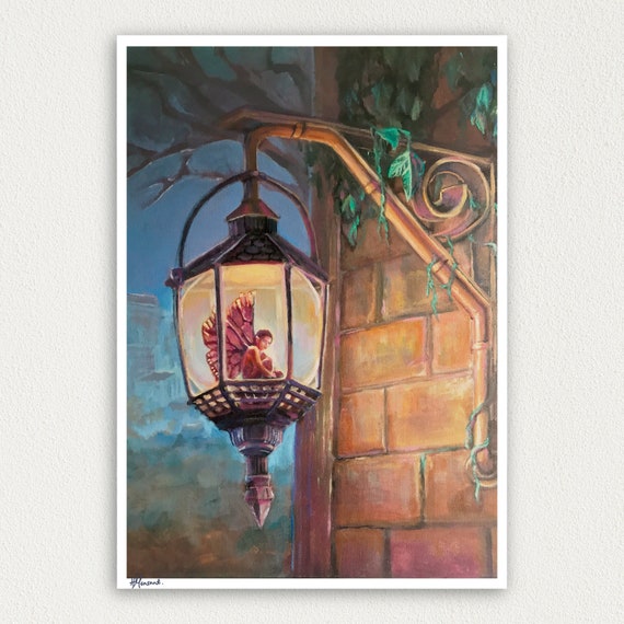 Faerie lantern art print, magical realism, cottagecore print, Victorian gas lantern, fae art, fairy print, fantasy art print