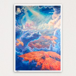 Revival - Phoenix fantasy Art Print: celestial wall art, cloudscape art, Phoenix painting, art print, cloudscape art, aerial art print