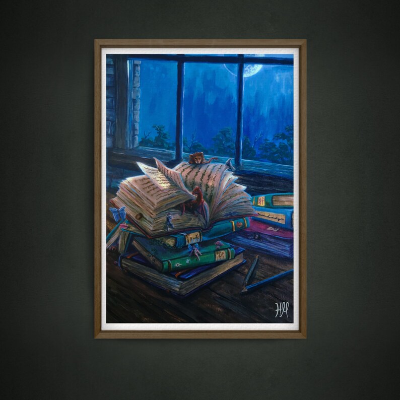 Worlds Within: Fantasy Art Prints - magical books, library art painting, cottagecore art print, magical art print image 4
