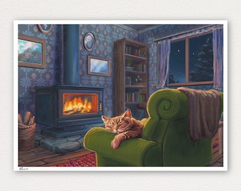 Cosy cat by the fireplace:  Fantasy Art Print - winter art print, hygge art print, cosy cat art print, winter painting, orange cat