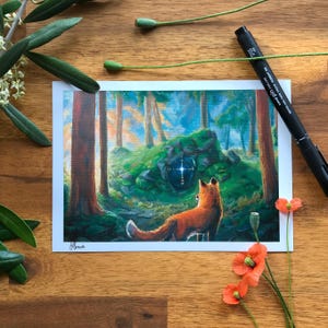 Upptäckt - Röd rävtryck, rävväggkonst, skogskonsttryck, fantasidekor, magiska gåvor, nyckfull konst, förtrollad skog, cottagecore-konst Mini Size: 5"x7"