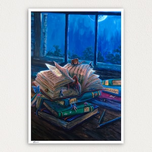 Worlds Within: Fantasy Art Prints - magical books, library art painting, cottagecore art print, magical art print image 1