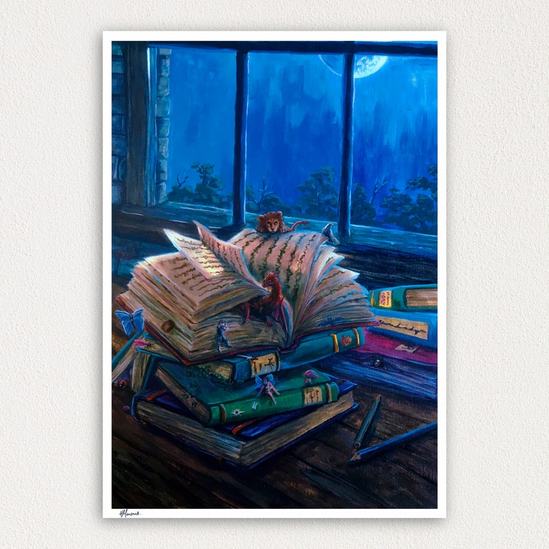 Worlds Within: Fantasy Art Prints magical books, library art painting, cottagecore art print, magical art print image 1