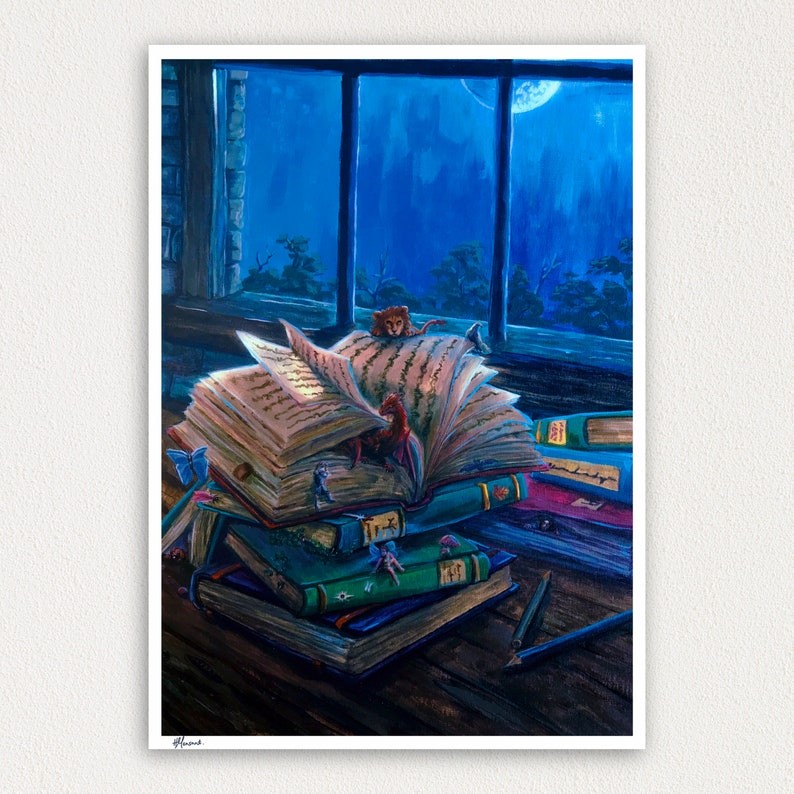Worlds Within: Fantasy Art Prints - magical books, library art painting, cottagecore art print, magical art print image 1