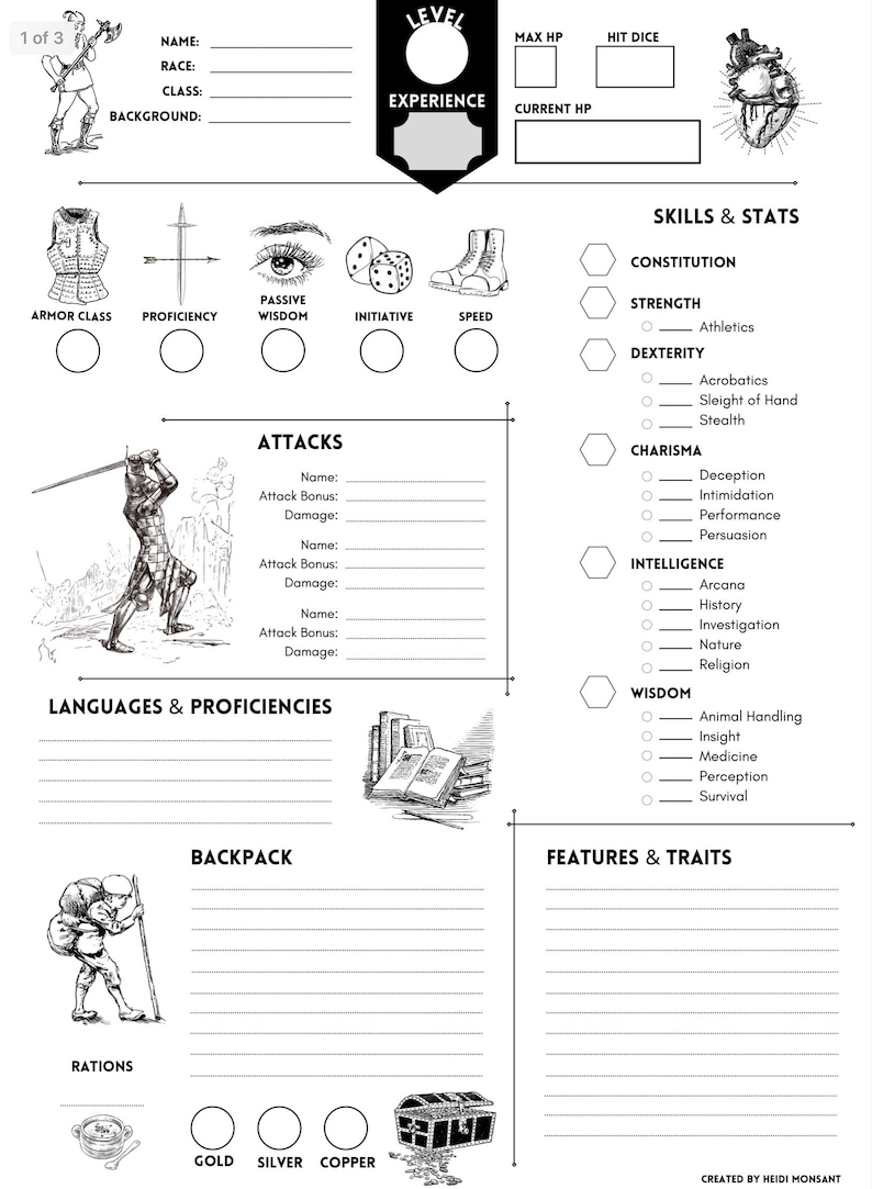 Printable Character Sheet Dungeons &amp; Dragons RPG Role Playing Games - Etsy