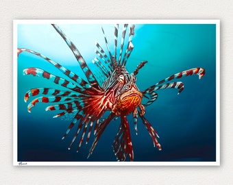 ミノカサゴの水彩画アートプリント：海の魚のイラストの壁飾り - Etsy 日本