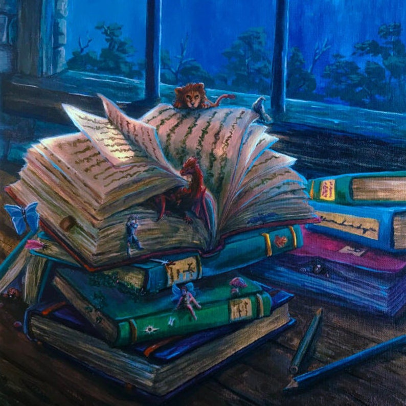 Worlds Within: Fantasy Art Prints magical books, library art painting, cottagecore art print, magical art print image 2