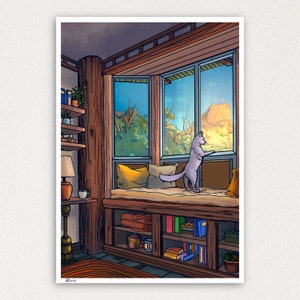 Homecoming: A3 Fantasy Art Prints - cosy cat interior art print, cartoon cat print, hygge art, cosy cabin art print, cat owner gift