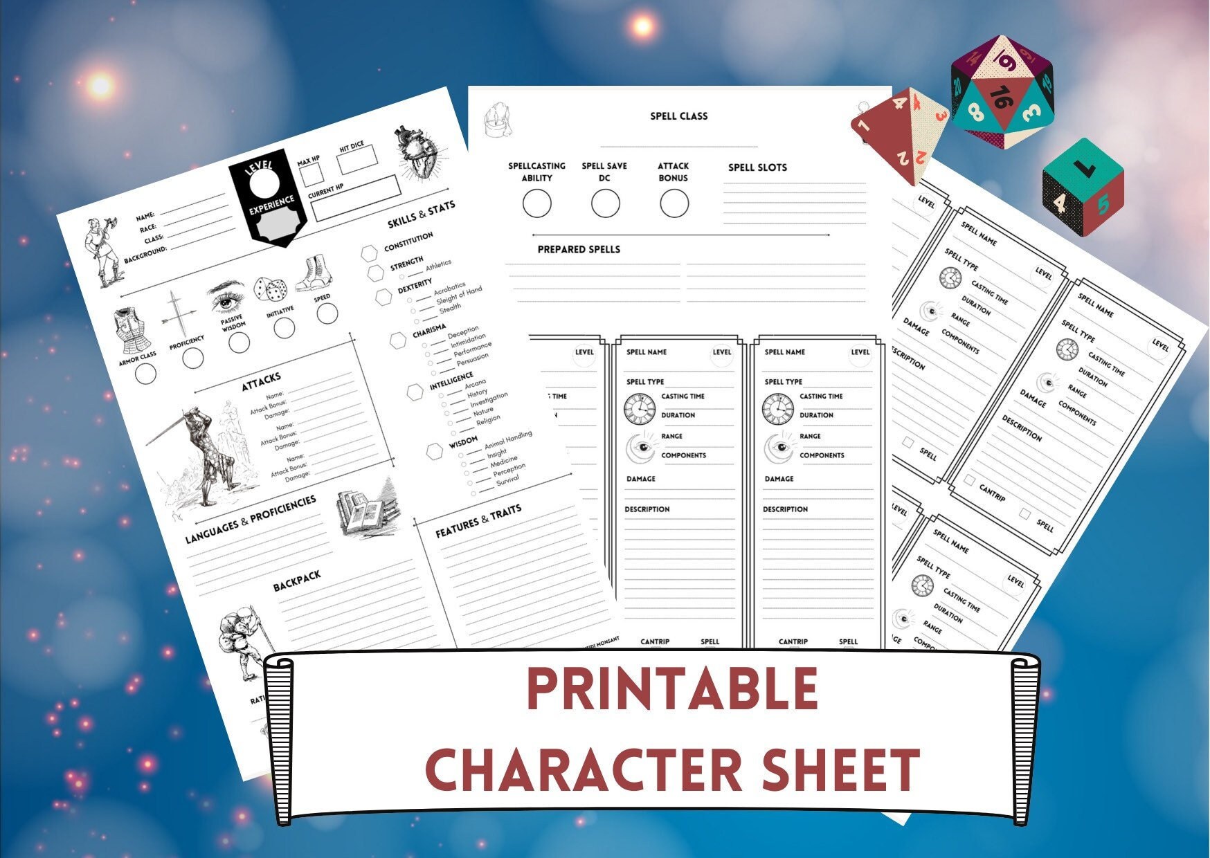 Printable Character Sheet Dungeons &amp; Dragons RPG Role Playing Games - Etsy