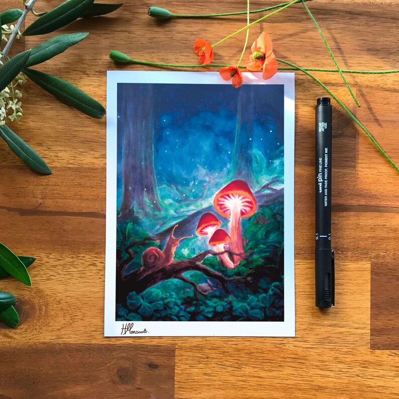 Enchanted Forest Snail - Fantasy Art Print, magical forest, mushroom print, nursery wall art, fairy art, fantasy faerie painting Mini Size: 5"x7"