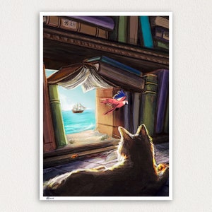 Portal to Adventure Fantasy Art Print - Magic Library art, sleepy cat print, for book lovers, book portal art, adventure art print