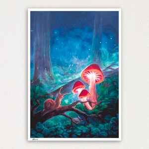 Enchanted Forest Snail - Fantasy Art Print, magical forest, mushroom print, nursery wall art, fairy art, fantasy faerie painting A4 Size: 8.3"x11.7"