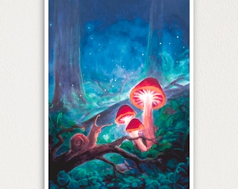 Stampa Su Tela 28x35 Cm Quadro Incorniciato Con Funghi E Foresta Fatata - Poster Fantasy Per Cameretta - 3