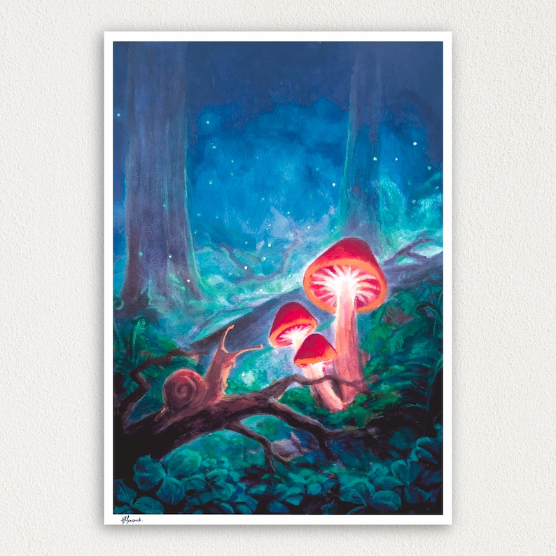 Enchanted Forest Snail - Fantasy Art Print, magical forest, mushroom print, nursery wall art, fairy art, fantasy faerie painting A4 Size: 8.3"x11.7"