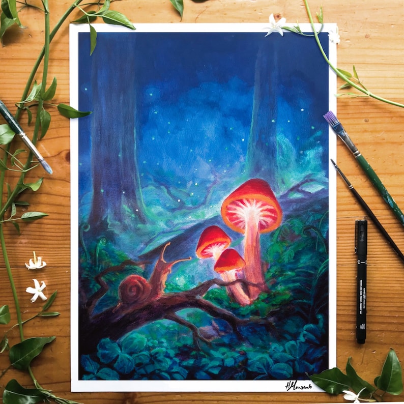 Enchanted Forest Snail A3 Fantasy Art Print: magical forest mushroom print, nursery wall art, fantasycore faerie painting