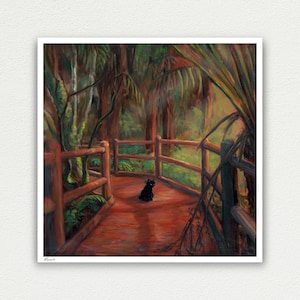 May include: A square print depicts a black cat sitting on a wooden walkway in a lush forest. The walkway is bordered by a wooden railing. The artwork features warm tones of red, brown, and green, creating a serene and natural scene.