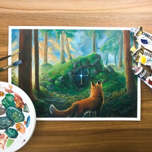Discovery A3 Fantasy Art Print - Magical Fox Painting, fantasy illustration, enchanted forest painting, red fox art, cottagecore art print