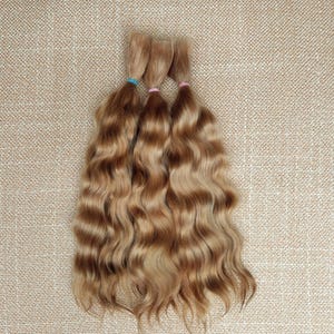 May include: Three bundles of wavy, light brown hair with darker brown lowlights. Each bundle is secured with a different colored hair tie: blue, pink, and red. The hair has a natural, flowing appearance.