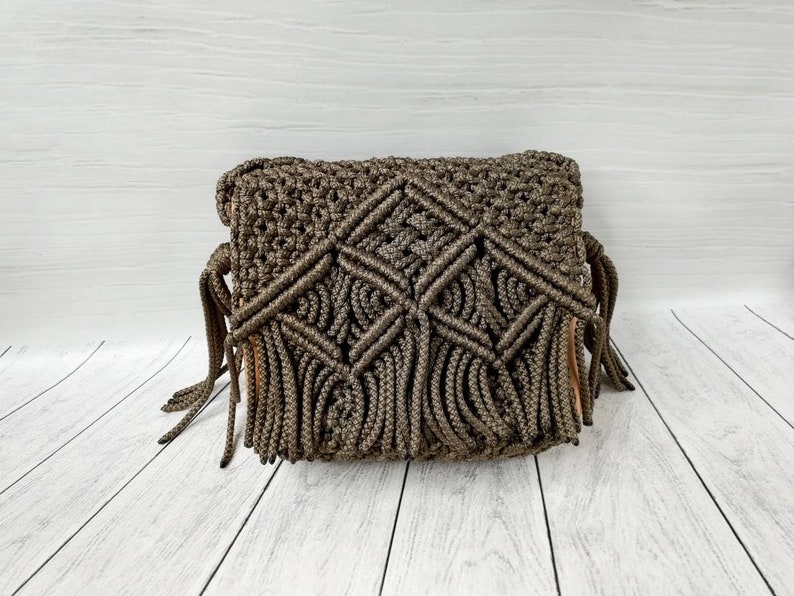 Brown macrame crossbody bag with wooden boho side panels Macrame handbag Video listing