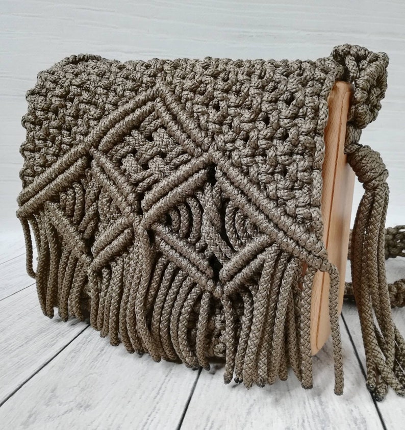 Brown macrame crossbody bag with wooden boho side panels Macrame handbag Video listing