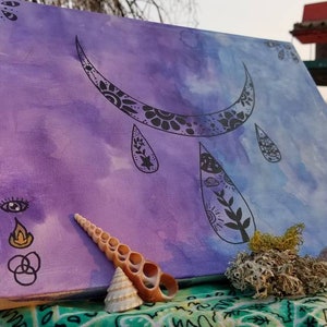 Blessings of the Moon watercolor art, unique canvas art, hippie art, posca pen art, wiccan art