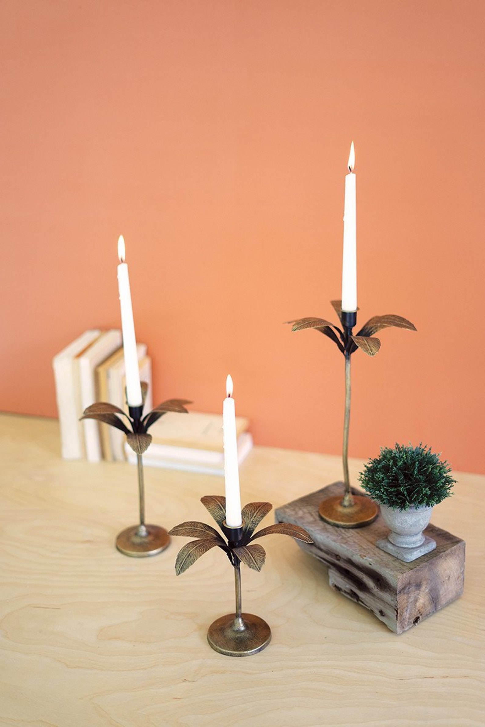 Set Of 3 Antique Brass Palm Tree Candle Holders Etsy