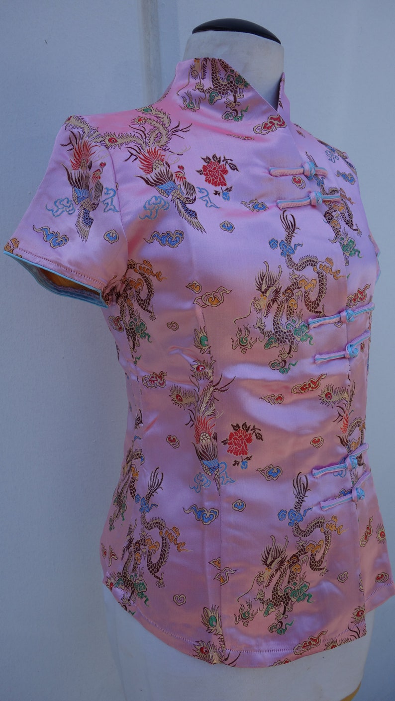 Vintage Asian Top 1960sCheongsam with Dragons Phoenixes and Floral Prints