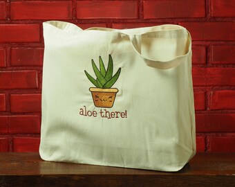 Organic Cotton Grocery Tote Bag - Aloe There, Embroidery