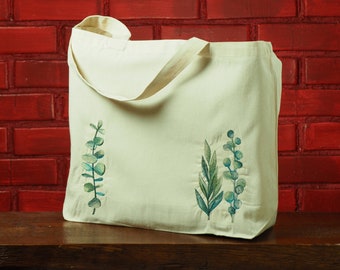 Organic Cotton Grocery Tote Bag - Watercolor Botanicals, Embroidery