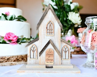 Wedding Decor Primitive white Church, wedding centerpiece, Laser Engraved Couples Names Old Rustic Church, White church wedding Sku tf4gahn