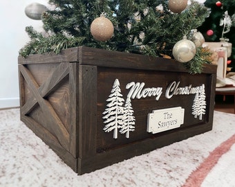 Personalized Wooden Christmas Tree Box Collar: Rustic Farmhouse Decor
