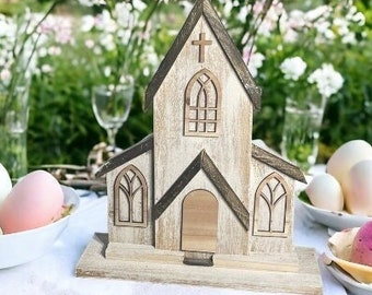 Easter Resurrection Sunday White Church Center Piece Easter Decor, Old Rustic Church, Table Accent Easter Jesus decor Sku 5f9jo3d