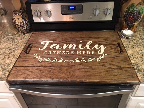 Stove Top Cover in Espresso Stain, Wooden Serving Tray, Noodle Board,  Farmhouse Tray in Brown, Family Gathers Here Topper 