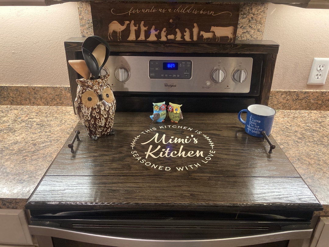 Stove top cover, Bless this food … Amen , in espresso – Sawyer Custom Crafts