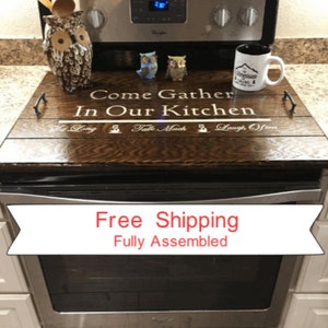 Stove Top Cover for Electric Stove top, Come Gather in Our Kitchen in Espresso with Cream Font.