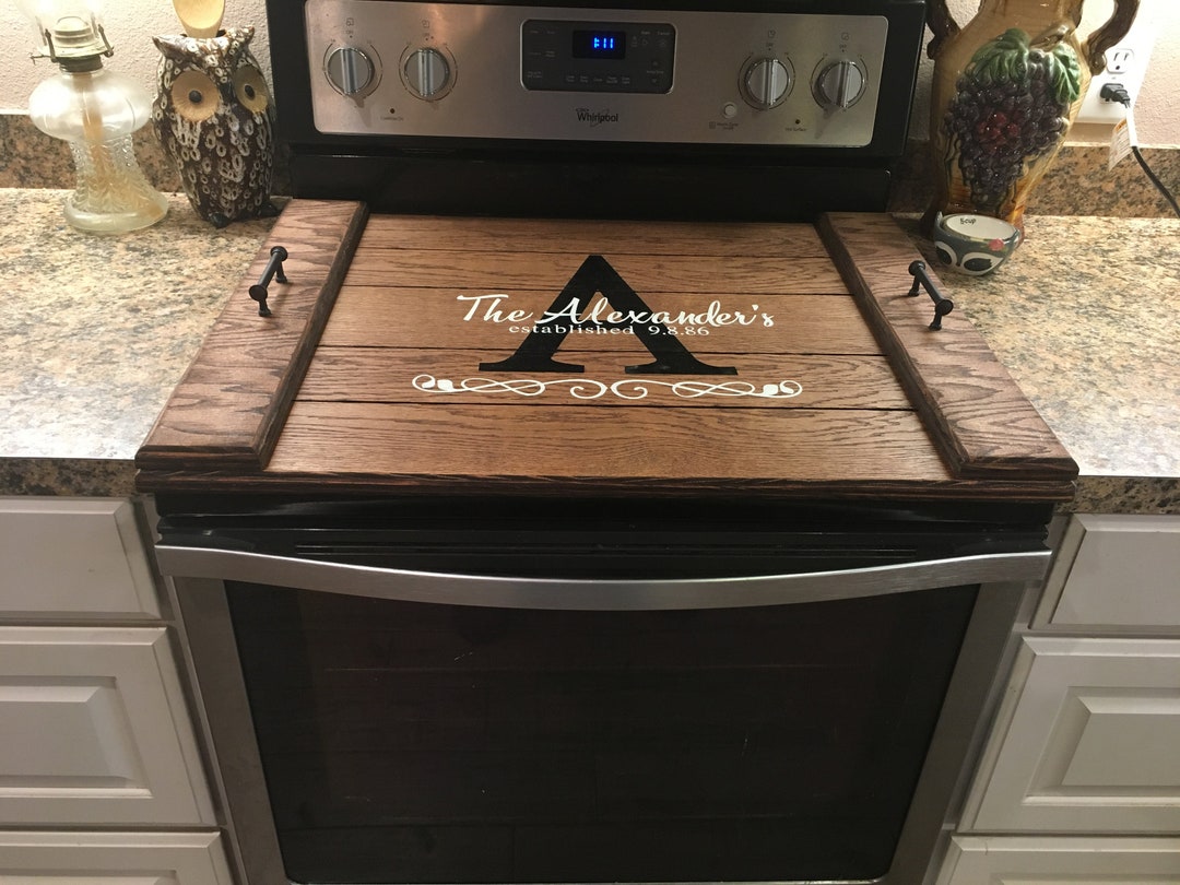 Custom Built Solid Wood Flat Glass Stove Top Cover - Stained w/ Rooster  Engraved