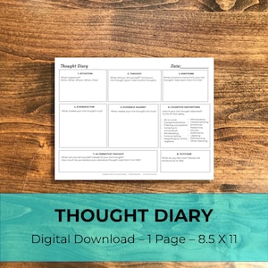 May include: A printable thought diary worksheet with sections for situation, thought, emotions, evidence for, evidence against, cognitive distortions, alternative thought, and outcome. The worksheet is designed to help users identify and challenge negative thoughts.