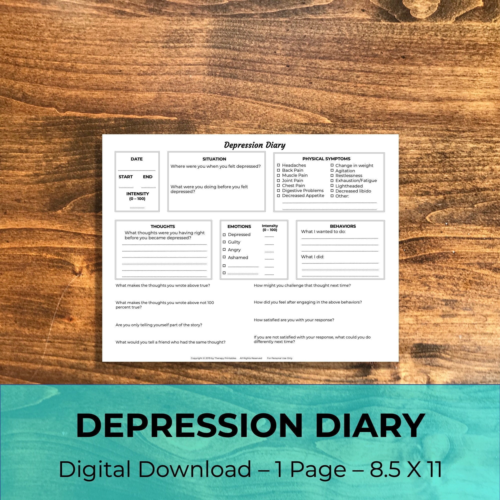 Printable & Fillable Depression Diary Etsy