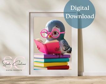 Duifleesboek kunst aan de muur – grappige vogel afdrukbaar met bril – eigenzinnige dierenmuurdecoratie – digitale download voor boekenliefhebbers