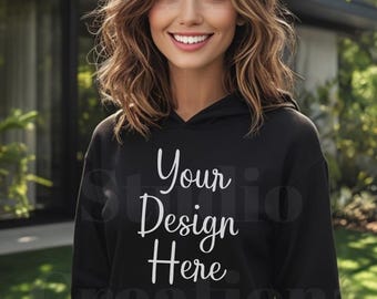 Gildan 18500 zwarte hoodie-mockup | Mockup G185-sweater met capuchon | Eenvoudige oversized witte hoodie | Mockup digitale download met hoge resolutie