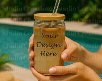 16oz. Mockup glazen blikje | Mock-up glazen blikje | Koffiebeker | Mockup bierblikje | Mockup glazen blikje sipper | Mockup voor glazen blikje bij het zwembad